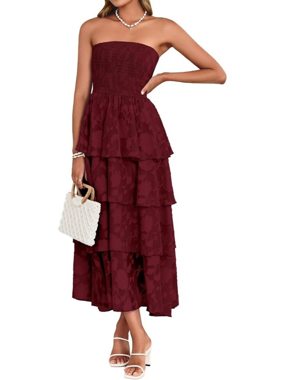 Women Strapless Maxi Dress Floral Off Shoulder Dress Wine Red Beach Sundress
